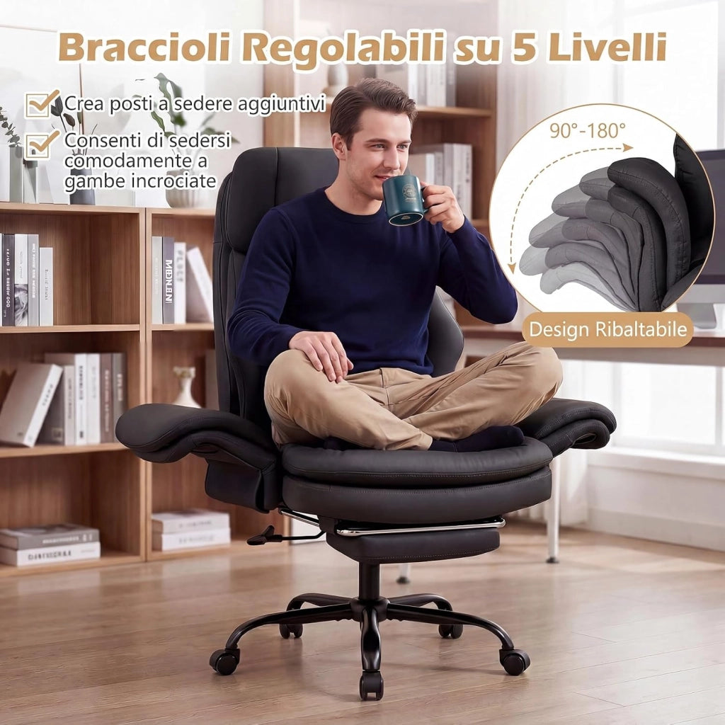 Sedia da Ufficio Ergonomica, Portata 150 kg (Nero) | Sedia Scrivania con Rotelle Girevole, Braccioli Regolabili su 5 Livelli e Poggiapiedi Retrattile, per Casa e Ufficio