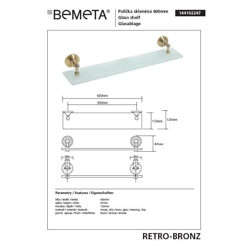 Mensola doccia RETRO in vetro e ottone 60x8,7x12 cm