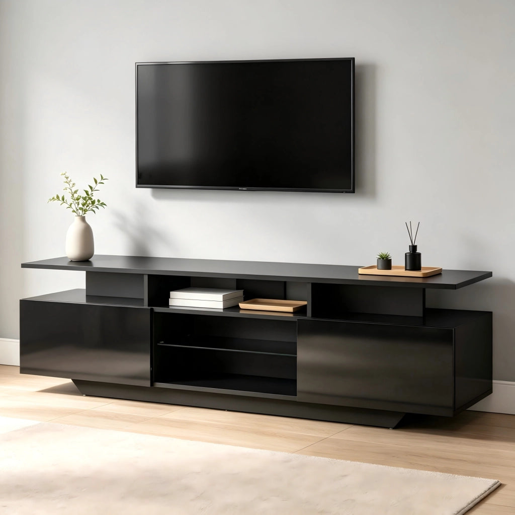 Mobile TV 160x40x45 cm con LED controllabile via app, 2 vani, MDF e vetro nero