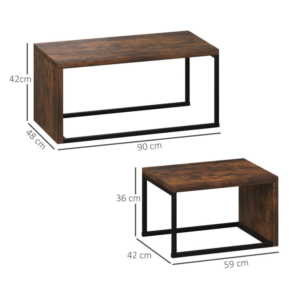 Set di tavolini da salotto; con due piani d'appoggio; legno; marrone rustico