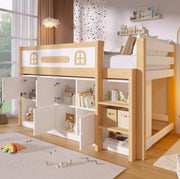 Letto semialto 90x200 cm con lavagna; vani contenitore e scala; bianco e naturale
