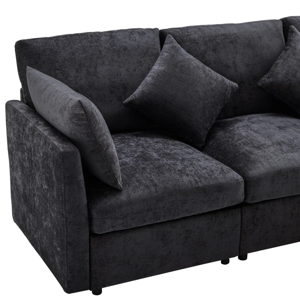Divano modulare angolare 216x161x81 cm con pouf mobile in chenille grigio
