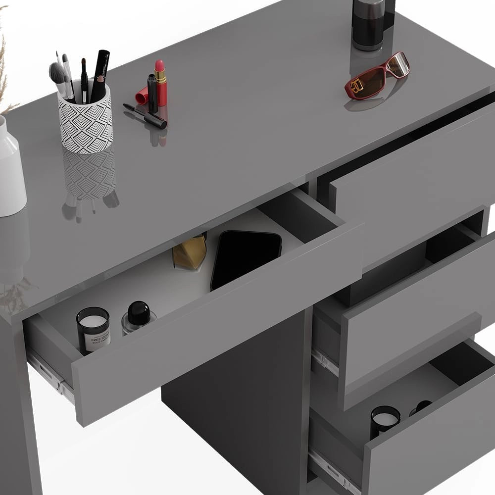 Tavolo da toeletta Sherry, Grigio lucido, 90 cm con 4 cassetti, adatto per l’uso come tavolo da toeletta o superficie d’appoggio