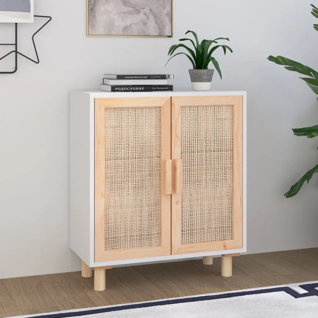 Credenza-Buffet-Armadio da cucina Bianca 60x30x70 cm Legno Massello Pino Rattan Naturale