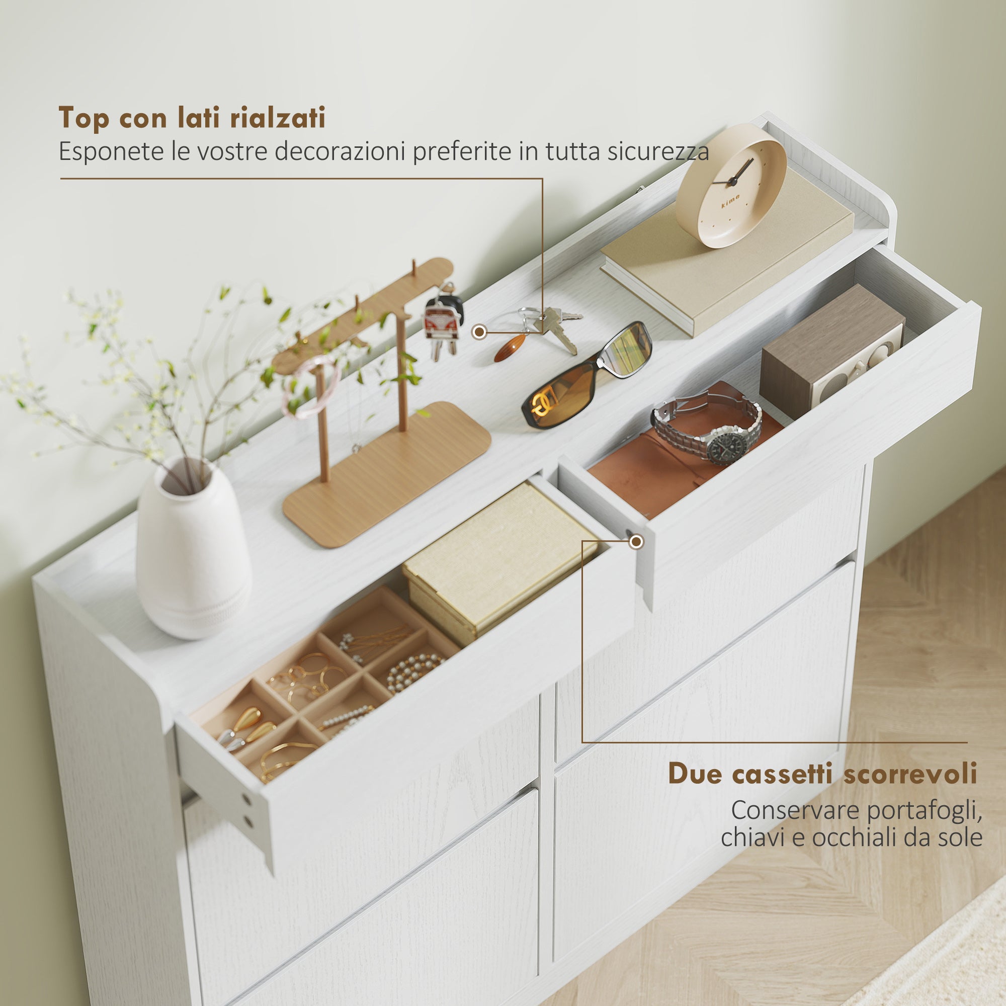 Scarpiera Slim 98x19,2x95,3 cm con 4 Ante a Ribalta e 2 Cassetti in Legno Bianco