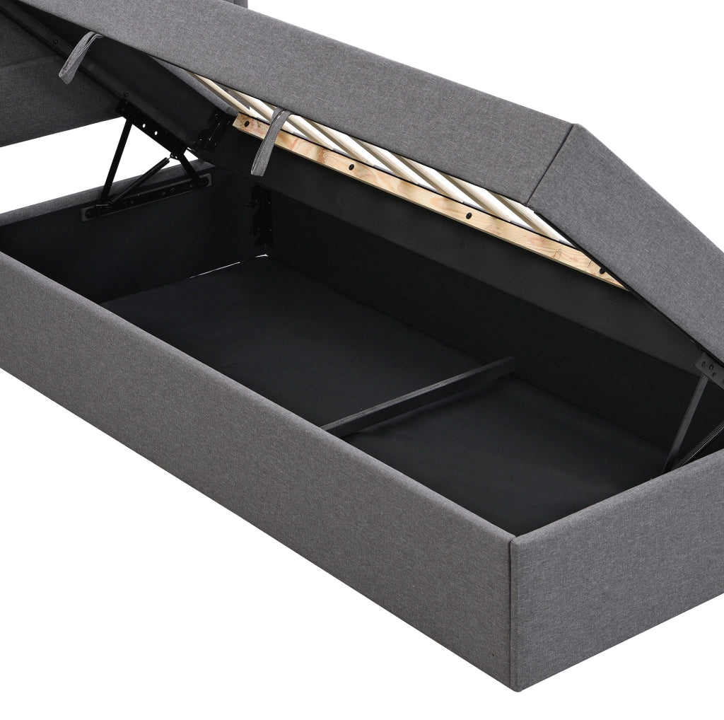 Letto singolo imbottito 90x200 cm con contenitore; in lino e MDF; grigio