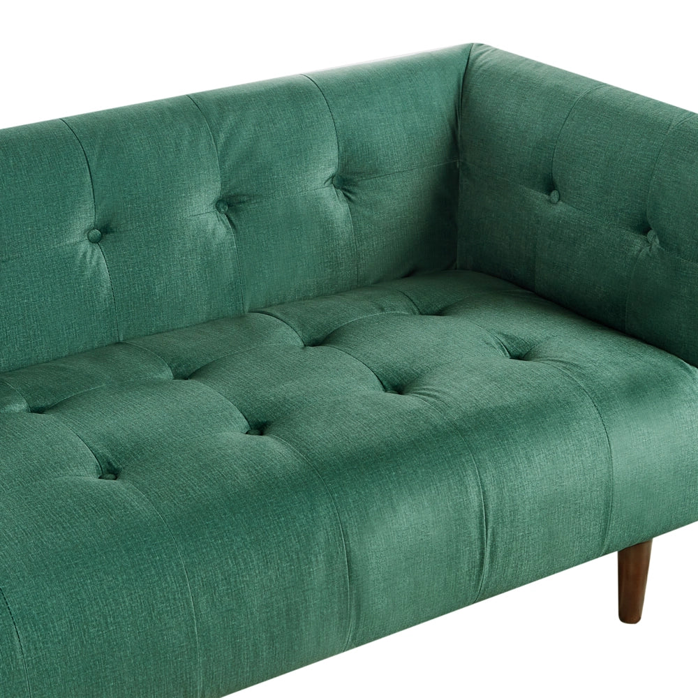Divano a 3 posti con rivestimento in tessuto verde gambe in legno e schienale con bottoni