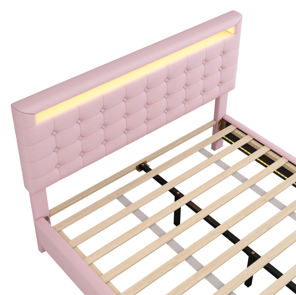 Letto flottante 140x200 cm con luce LED e testiera regolabile, rosa