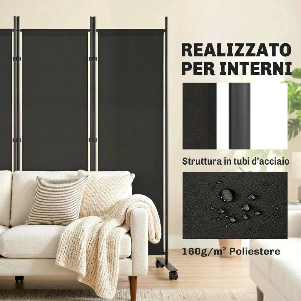 Divisorio a 5 Pannelli con Ruote ¨C Zephmum ¨C Nero Acciaio 80x30x