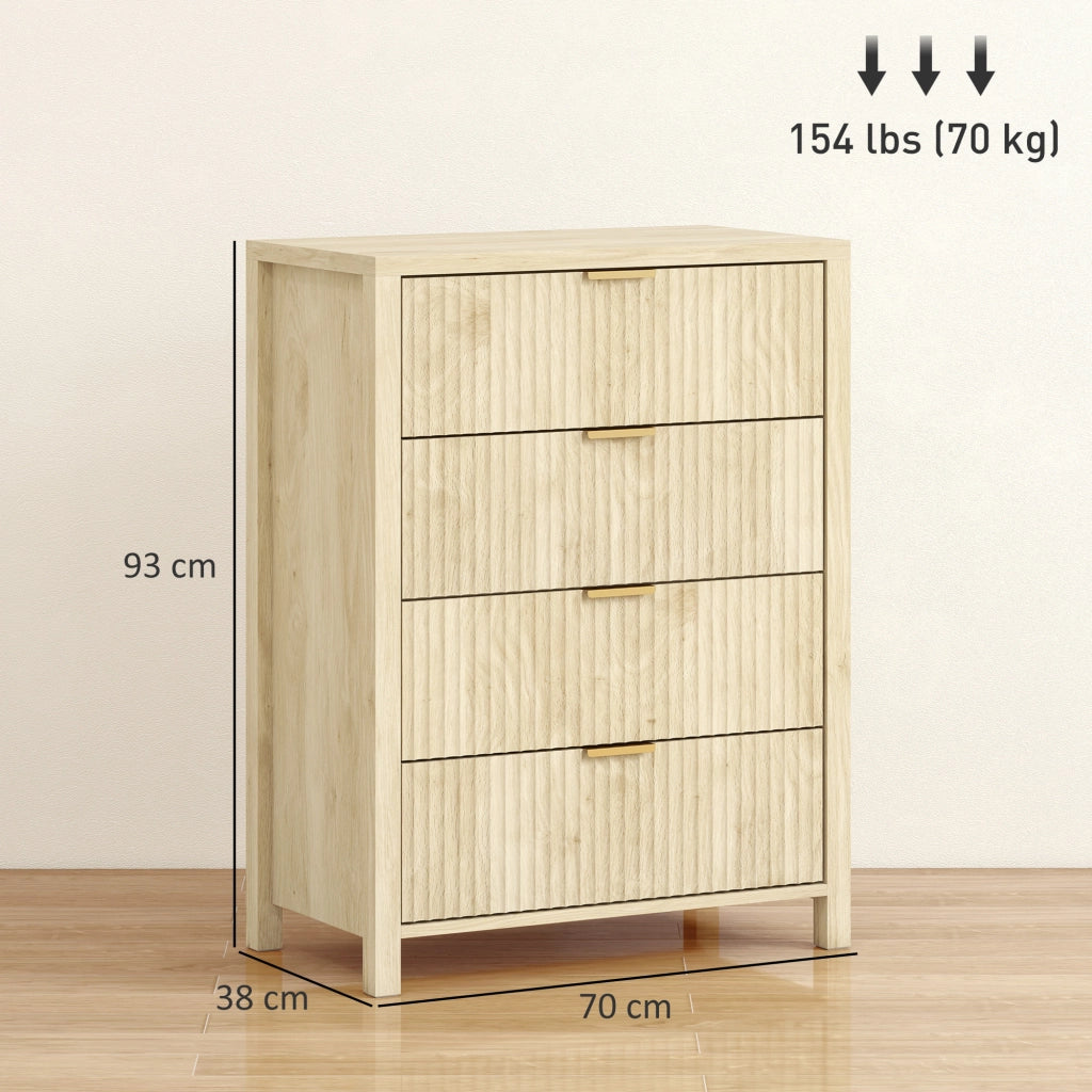 Cassettiera con 4 Cassetti Design Canettato 70x38x93 cm Maniglie Dorate in MDF Color Legno