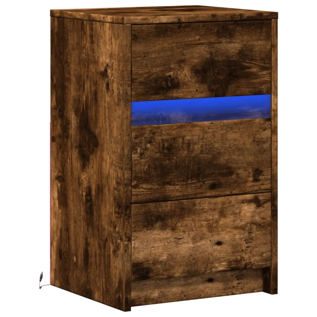Comodino con Luci LED-Tavolino da notte Rovere Fumo in Legno Multistrato 904337