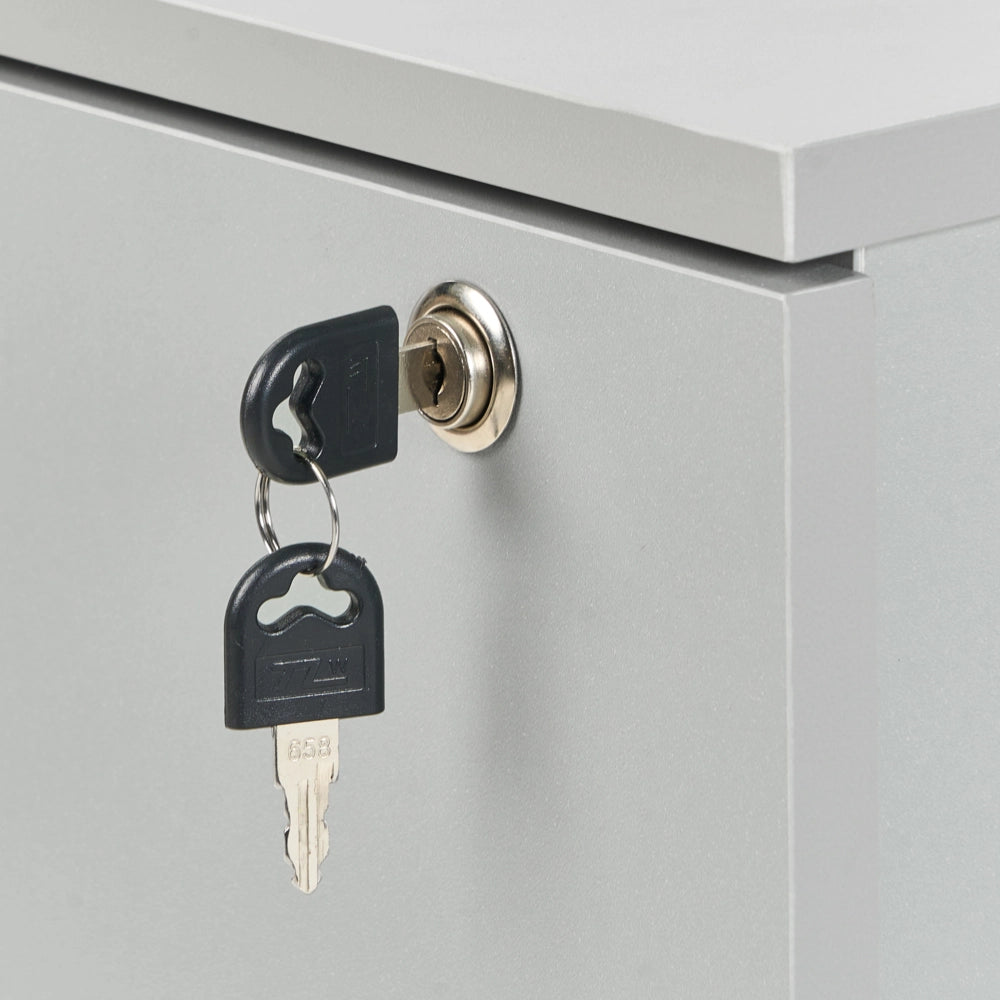 Armadietto in legno massiccio con 2 cassetti e ruote con serratura a chiave grigio chiaro design moderno