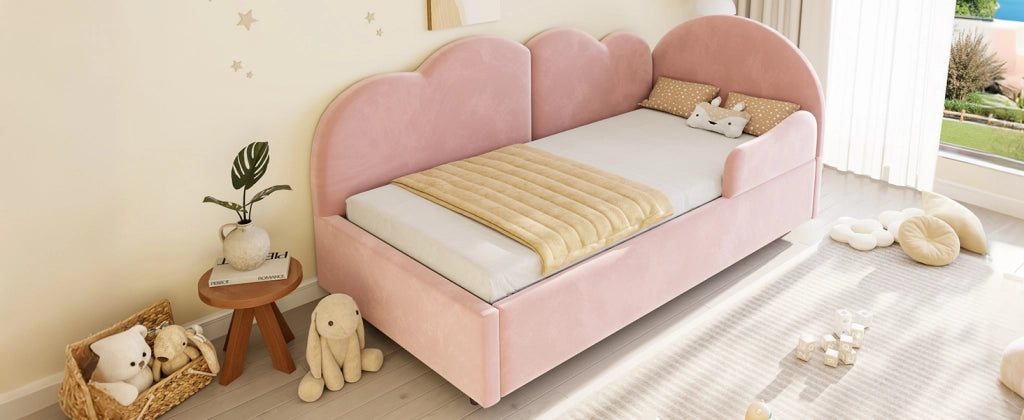 Letto imbottito L con letto estraibile e testiera a forma di nuvola in velluto rosa per camera da letto