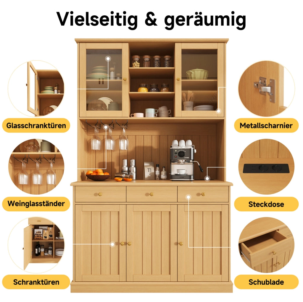 Credenza alta con vetrine, prese e porte USB, 120 x 40 x 191 cm