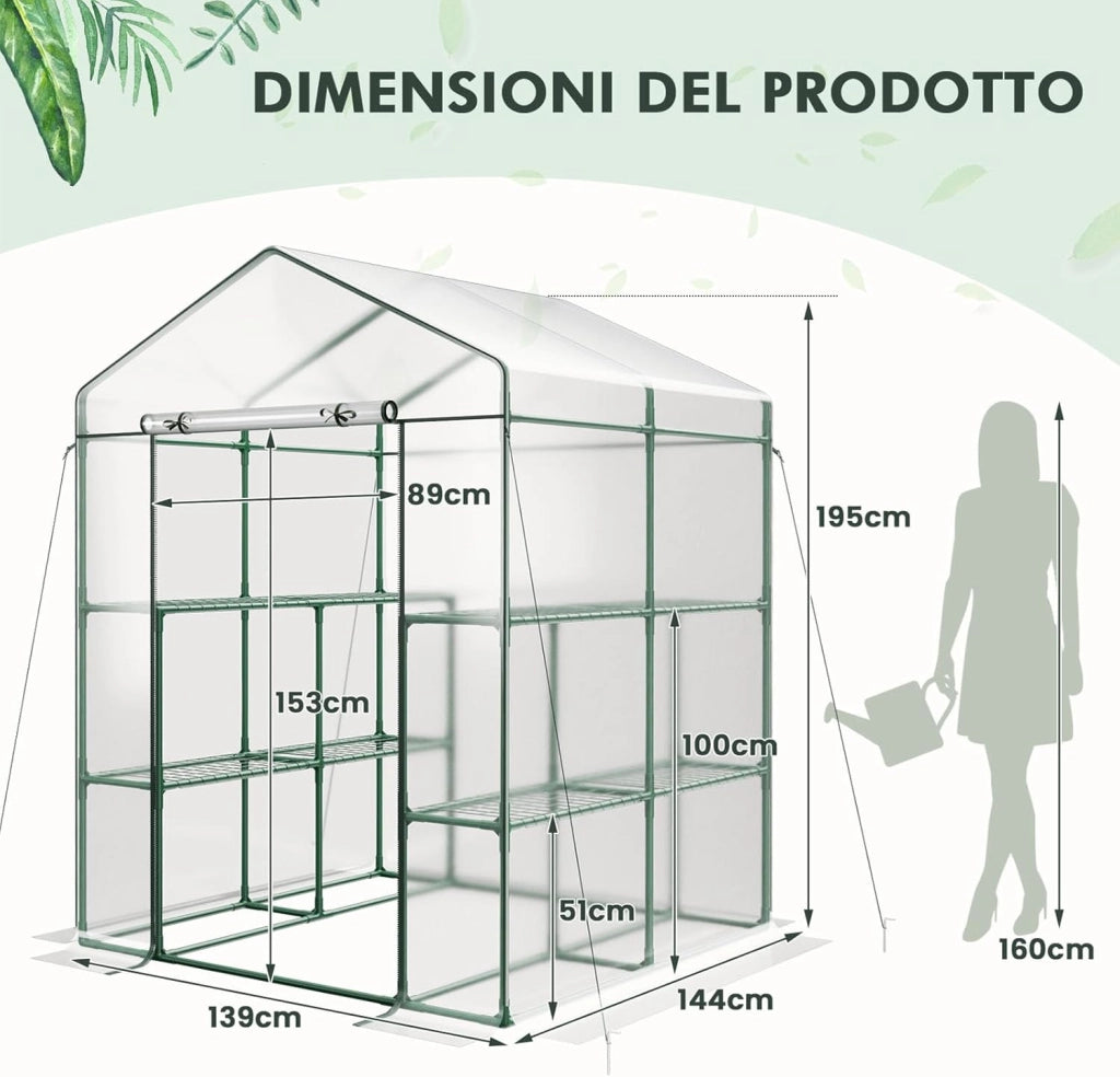 Serra da Giardino con 8 Ripiani, Telo Trasparente in PVC, Porta Avvolgibile con Cerniera, Telaio in Acciaio Robusto e Anticorrosione, Serra da Esterno per Piante, Fiori e Frutta