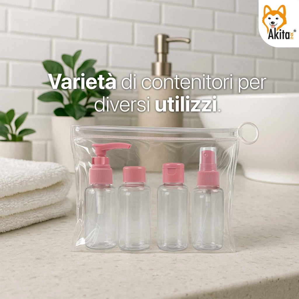 Akitaink Set Flaconi da Viaggio 8 Pz con Borsa Rosa e Celeste