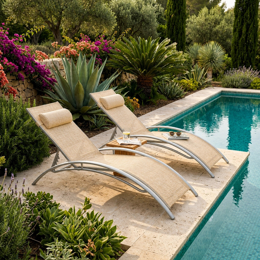 Set 2 Lettini Prendisole Reclinabili Per Giardino Con Schienale Regolabile 5 Posizioni Tessuto Traspirante Per Piscina Terrazza Outdoor 59 x 158 x 81.5 Cm Beige