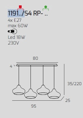 SOSPENSIONE BIANCO 4 LUCI RETTANGOLARE VETRI (2 X PICCOLO AM + 2 X PICCOLO RU) 1191BI-S4 RP-AR