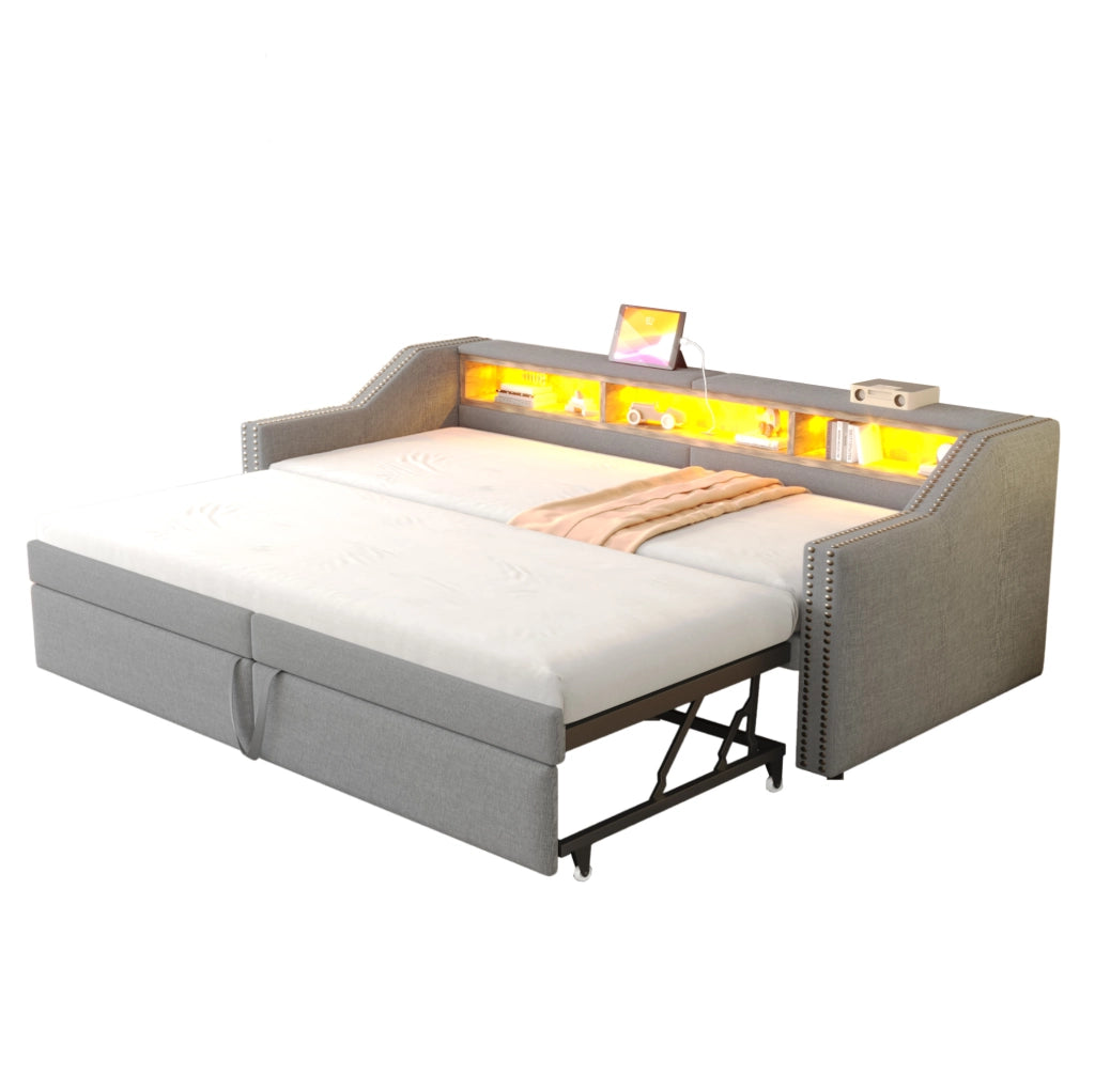 Divano letto imbottito estraibile 90/180 x 200 cm con LED; USB e contenitore; grigio chiaro