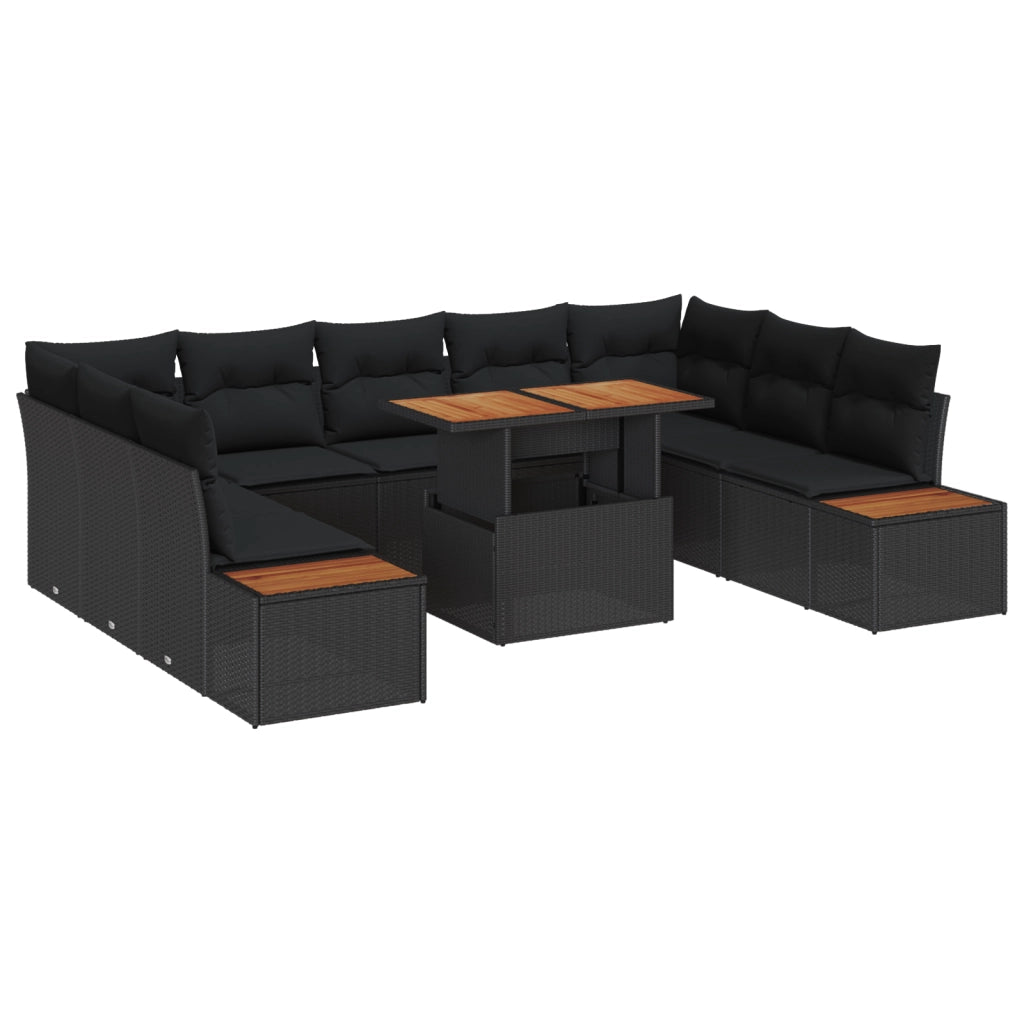 Set da Pranzo per Giardino da 10 Pezzi con Cuscini Nero Rattan Polivalente Acacia
