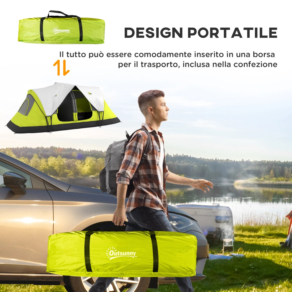 Tenda da Campeggio-Tenda per Escursionismo  6 posti con 2 Spazi Separati, in Poliestere e Fibra di Vetro, 450x215Px180 cm, Verde