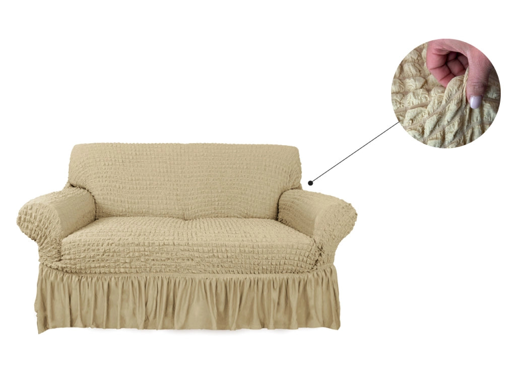 Copridivano Elasticizzato Arricciato Con Volants Tinta Unita Mod Luxory Beige - 4 Posti - Beige