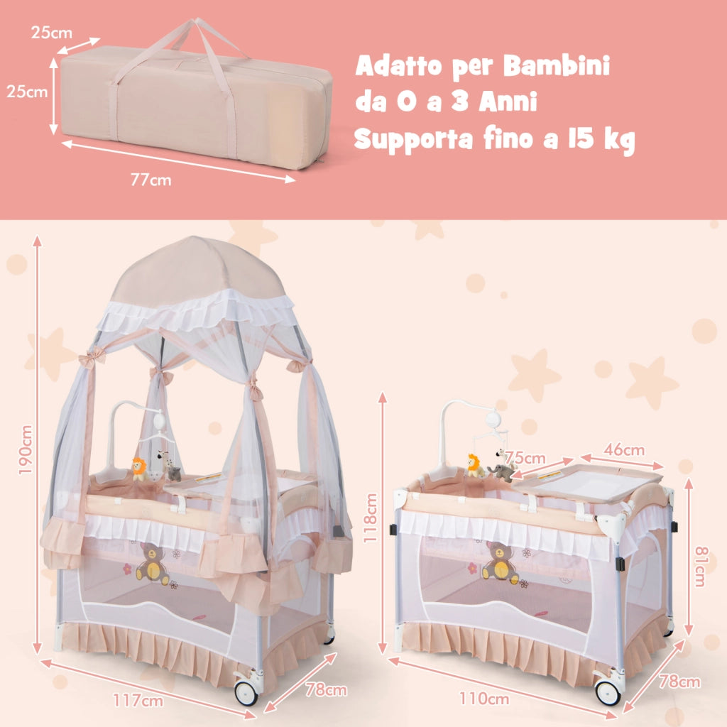 Culla neonati 4 in 1 convertibile fasciatoio zanzariera rimovibile-Lettino viaggio pieghevole ruote carillon borsa Rosa