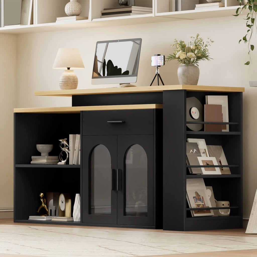 Isola da Cucina 136x50x78 cm Nera e Legno con Tavolo Girevole 360°, Cassetto, Ripiani e Vetro
