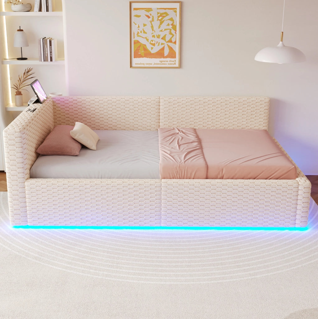 Letto imbottito multifunzione 90x200 cm con LED; 2 USB e Type-C; schienale a L; velluto beige