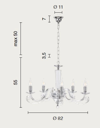 LAMPADARIO CHERUBINI 5 LUCI CRISTALLO E CROMO ATTACCO E14 D.82CM