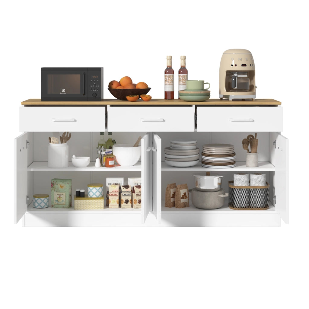 Credenza da Cucina con 3 Cassetti e Ripiani Regolabili ¨C MINIMAL ¨C Bianco, Effetto Legno, 76,5x160x37