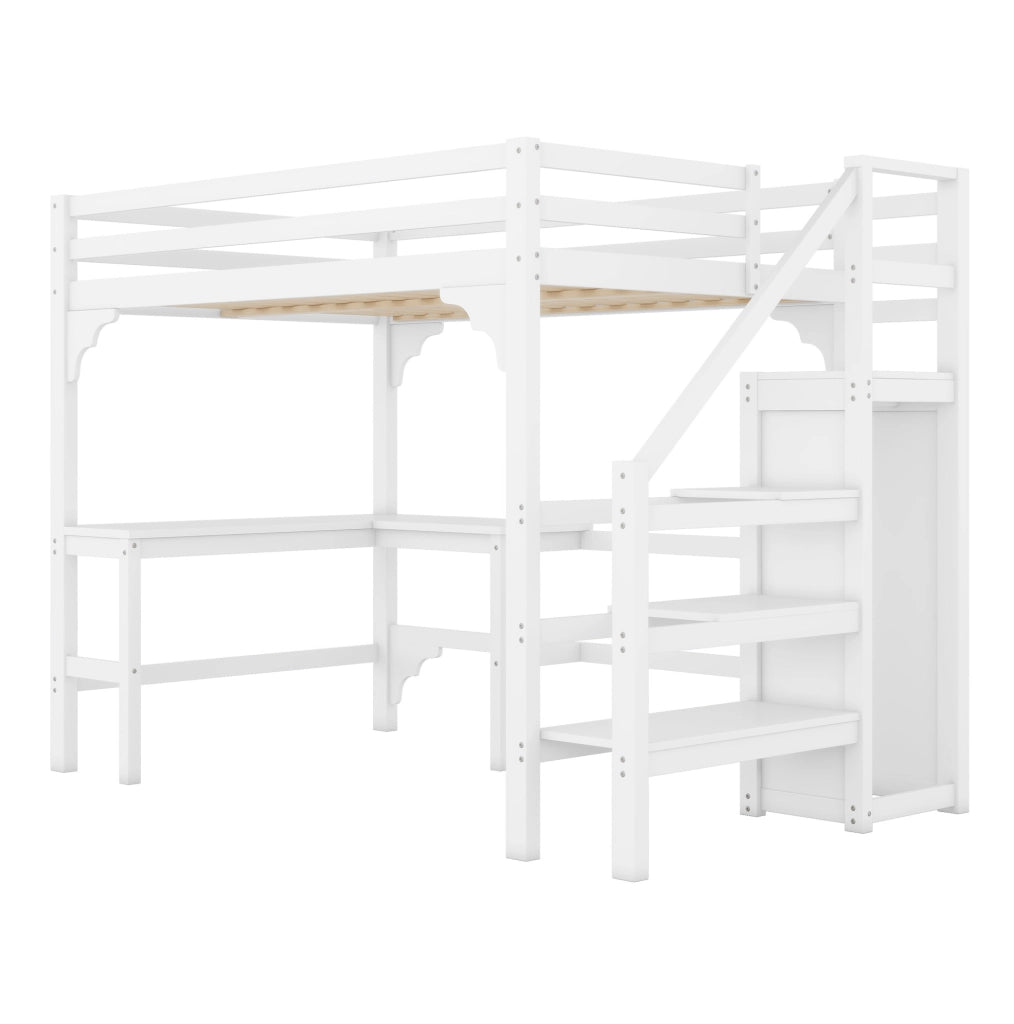 Letto a soppalco 140x200 cm con scrivania ad L e guardaroba aperto in pino bianco
