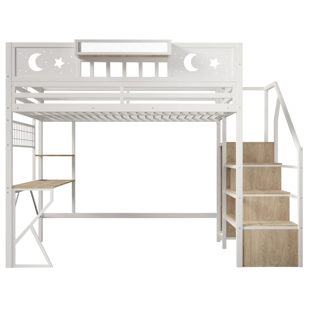 Letto a soppalco 140x200 con scrivania in metallo e MDF; LED; USB e scaffali; bianco