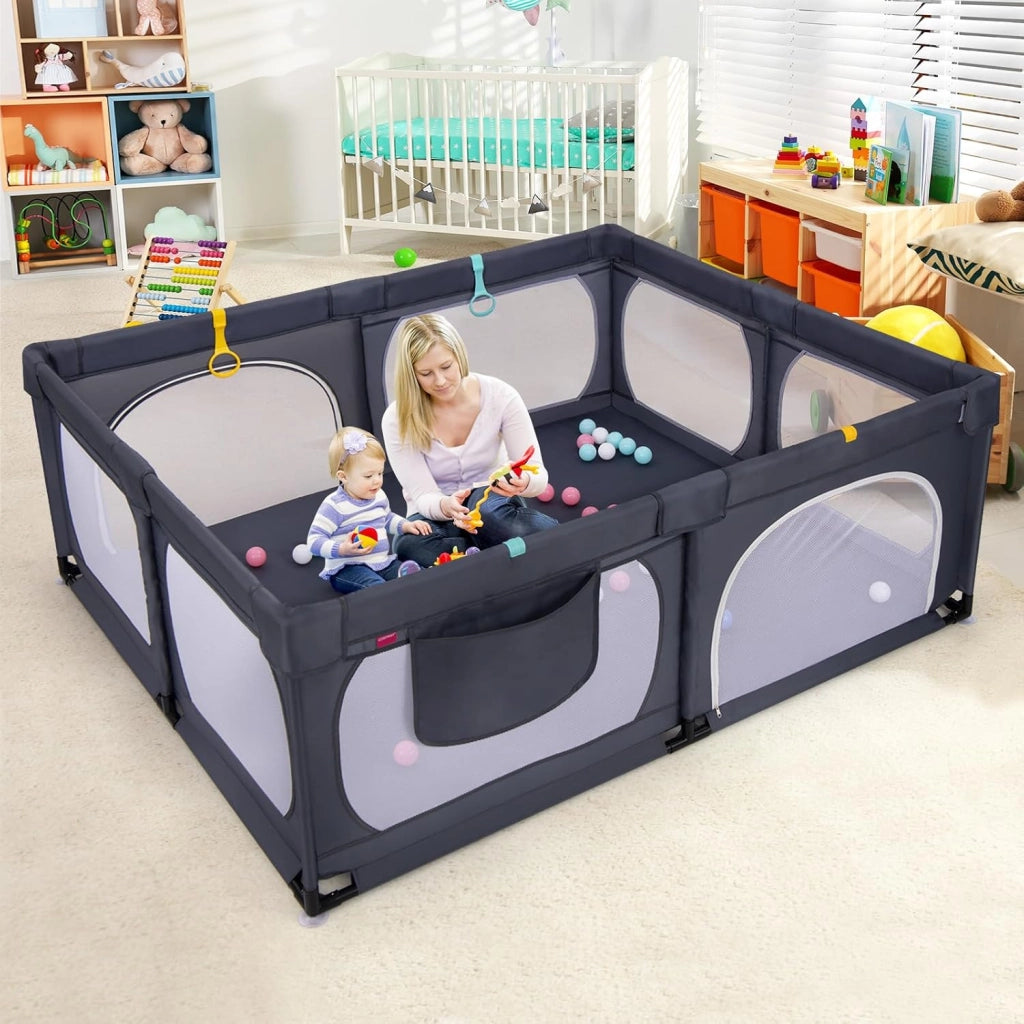 Recinto per Bambini, Box per Bambini con Rete Traspirante, Centro Attività per Bambini con 50 Palline, Box Giochi per Bambini 0-3 Anni (Grigio Scuro, 189 x 158 cm)