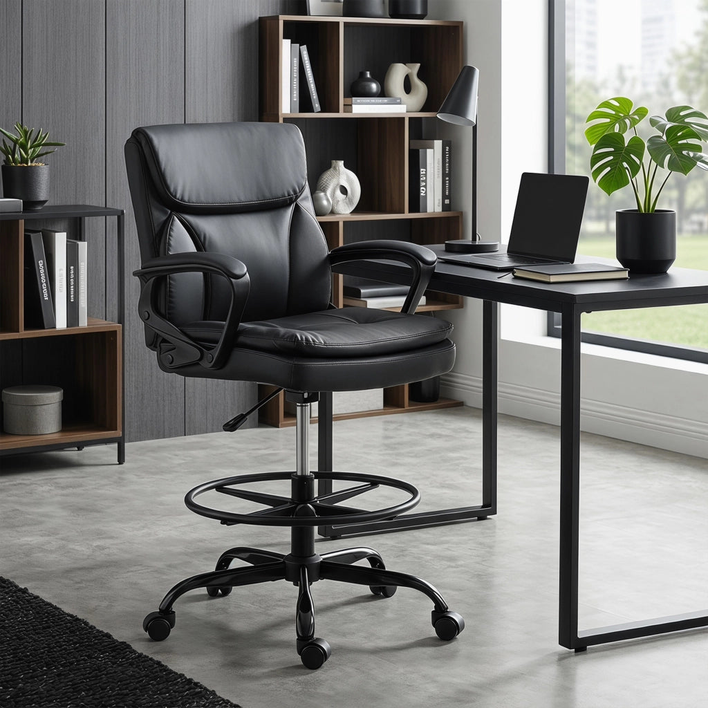 Sedia da Ufficio Girevole 61x 61x93-108 cm Schienale Alto con Braccioli in Finta Pelle Nero