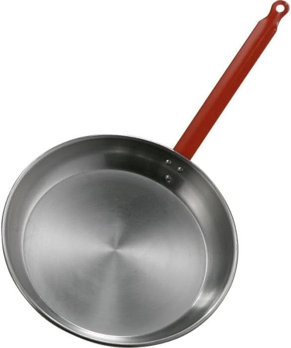Padella in Ferro Spazzolato con Manico Rosso, per Spaghetti e Wok, Rotonda, Antiaderente Naturale, Manico Ergonomico, Uso Professionale 32 cm