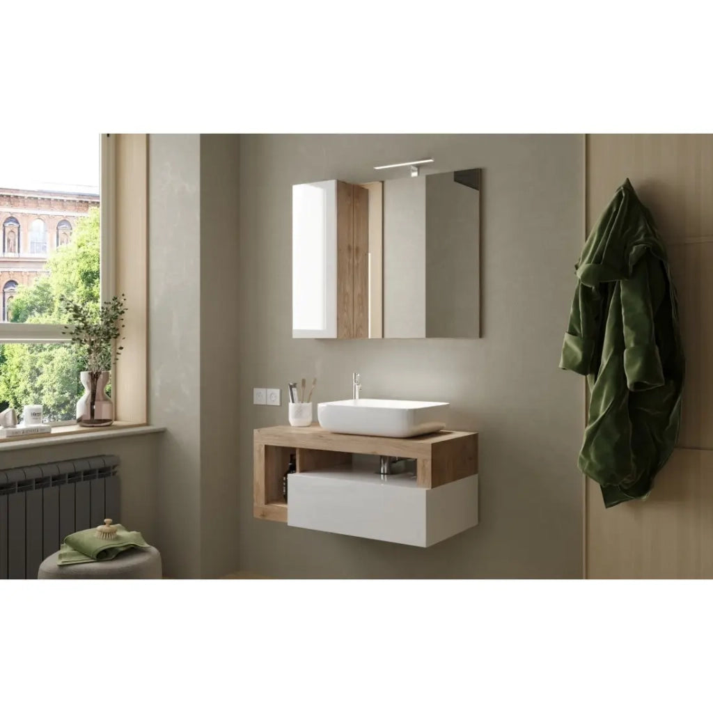 Mobile da bagno sospeso con lavabo e cassetto, lunghezza 92 cm, collezione BURA, bianco lucido/quercia chiara.