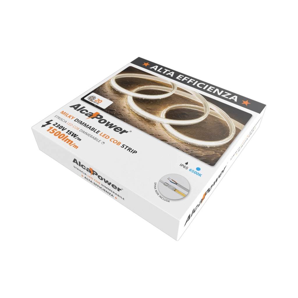 Alcapower Striscia LED 20m 230V IP65 15W/m 1500lm/m 6500K Serie HEM Milky Alta Luminosità per Esterni ed Interni, Elevata Efficienza Energetica