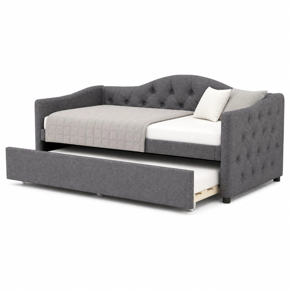 Letto singolo daybed 90x200 cm con letto estraibile, divano letto in lino grigio