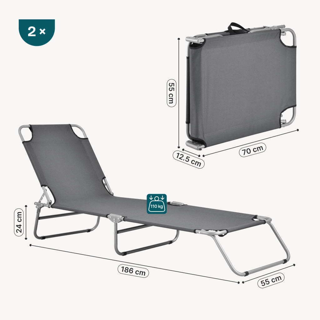 Set di 2 Lettini Prendisole Carcao con Schienali Reclinabili Sdraio Portatile - Grigio Scuro casa.pro