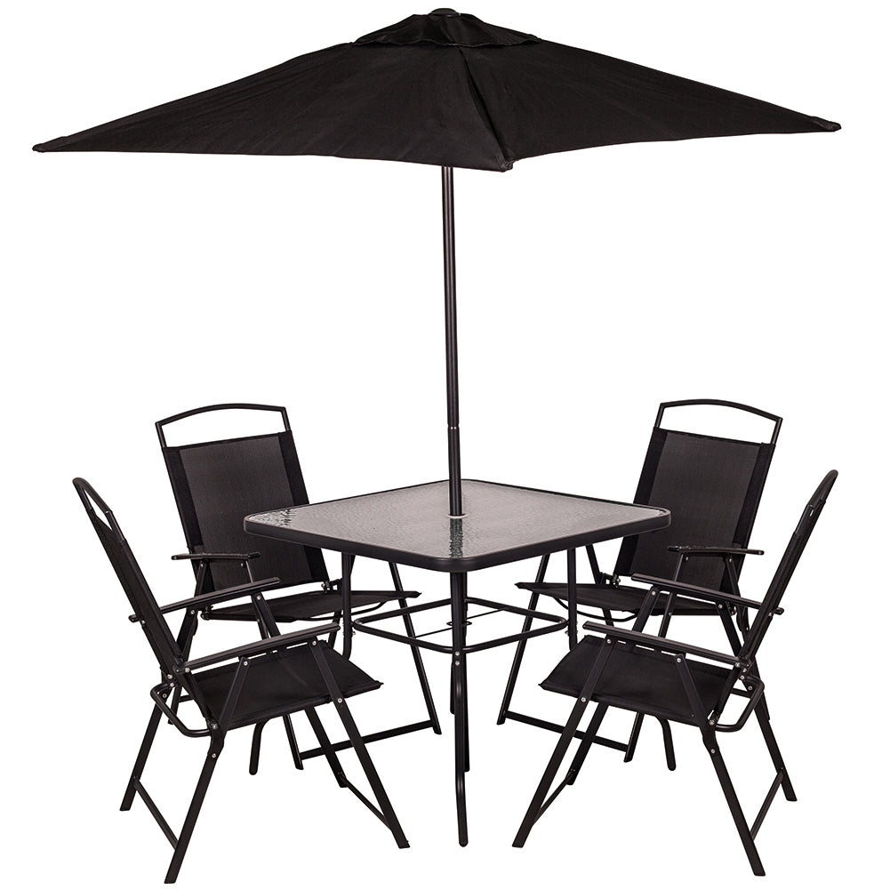 Set da Pranzo 6 Pezzi per Giardino Patio Tavolo Piano in Vetro con Ombrellone e 4 Sedie Pieghevoli Nero