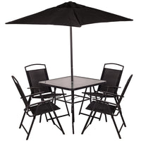 Set da Pranzo 6 Pezzi per Giardino Patio Tavolo Piano in Vetro con Ombrellone e 4 Sedie Pieghevoli Nero