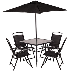 Set da Pranzo 6 Pezzi per Giardino Patio Tavolo Piano in Vetro con Ombrellone e 4 Sedie Pieghevoli Nero