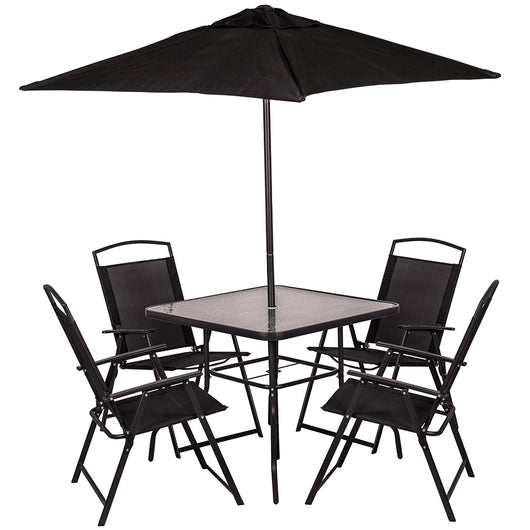Set da Pranzo 6 Pezzi per Giardino Patio Tavolo Piano in Vetro con Ombrellone e 4 Sedie Pieghevoli Nero