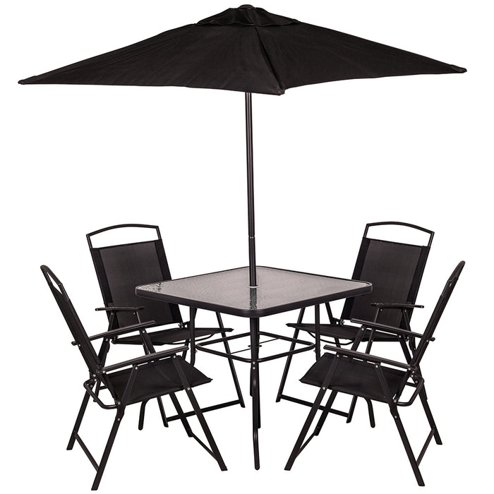 Set da Pranzo 6 Pezzi per Giardino Patio Tavolo Piano in Vetro con Ombrellone e 4 Sedie Pieghevoli Nero