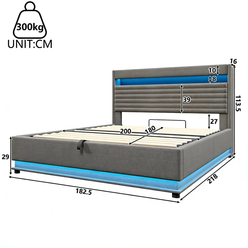Letto matrimoniale imbottito 180x200 cm con contenitore; LED; USB e USB-C; in lino grigio