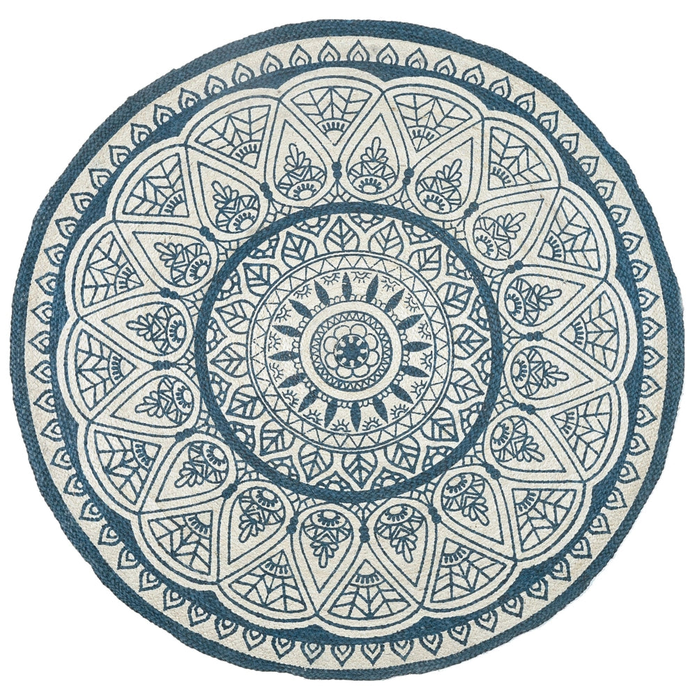 Tappeto tappetino Canapa Blu ø 120 cm Rotondo Intrecciato a Mano Oriental Boho