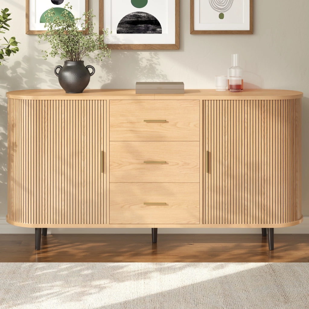 Credenza da sala da pranzo, mobile da ingresso, 3 cassetti, ante scorrevoli, piedini in metallo, colore del legno grezzo