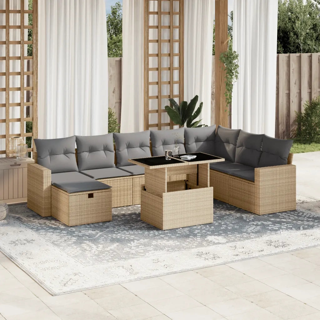 Set Divano da Giardino 9 pz con Cuscini Beige in Polyrattan