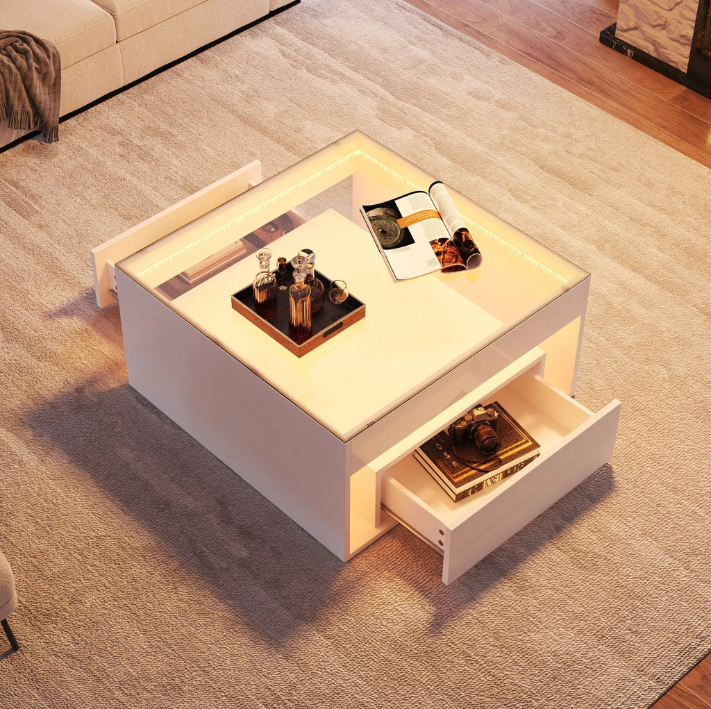 Tavolino da salotto 70 x 70 x 35 cm in MDF bianco con piano in vetro temperato; LED e 2 cassetti